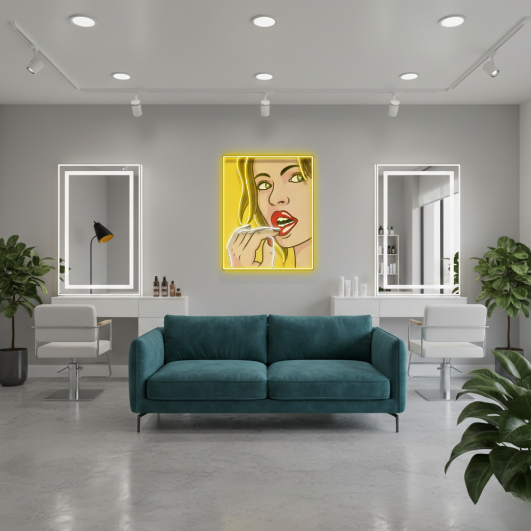 Girl Facial Expression UV Art LED Neon Sign in golden yellow color and a girl by LEDNeons - Living room