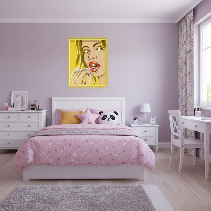 Girl Facial Expression UV Art LED Neon Sign in golden yellow color and a girl by LEDNeons - Living room
