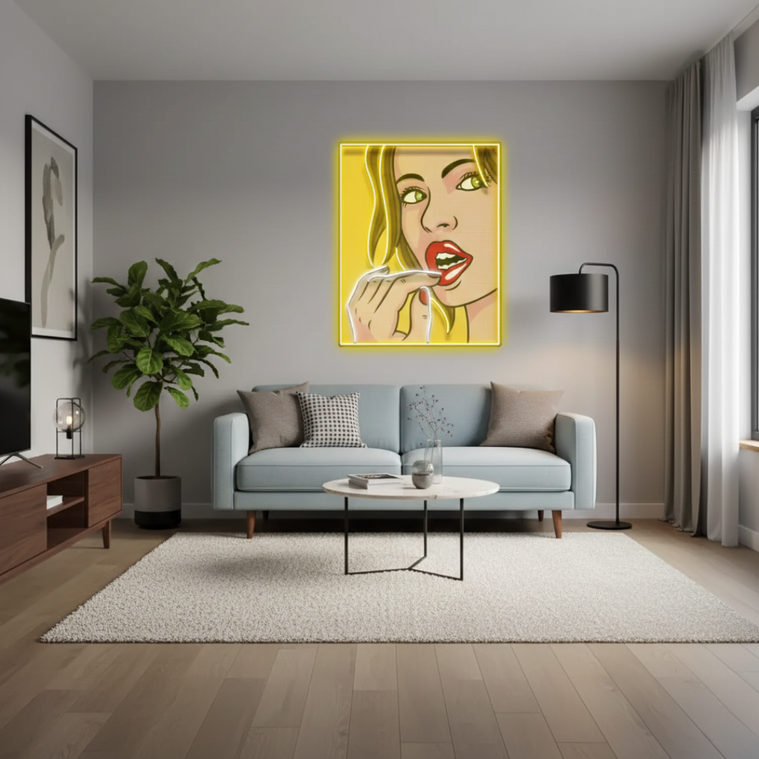 Girl Facial Expression UV Art LED Neon Sign in golden yellow color and a girl by LEDNeons - Living room
