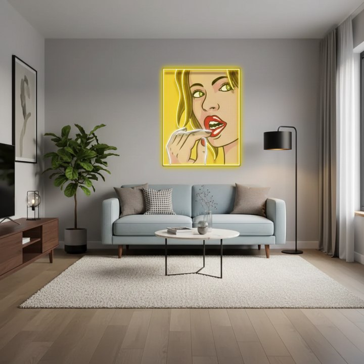 Girl Facial Expression UV Art LED Neon Sign in golden yellow color and a girl by LEDNeons - Living room