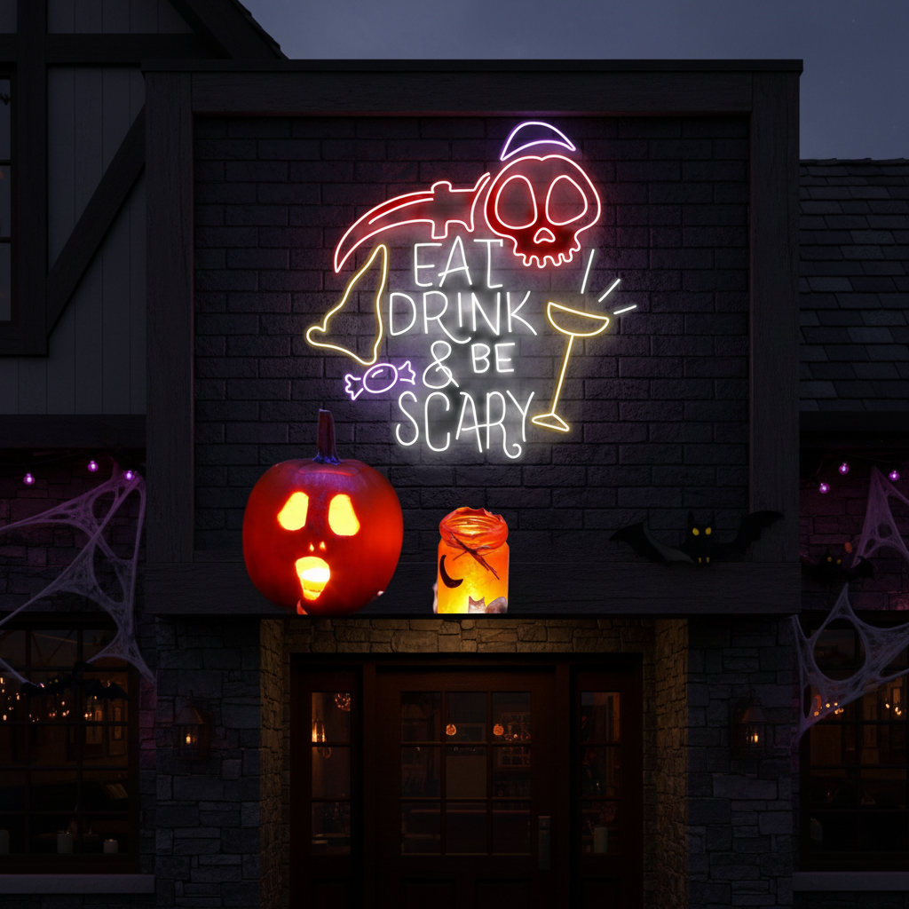 Glow Eat Drink & Be Scary Halloween LED Neon Sign by LEDNeons - Dark Theme