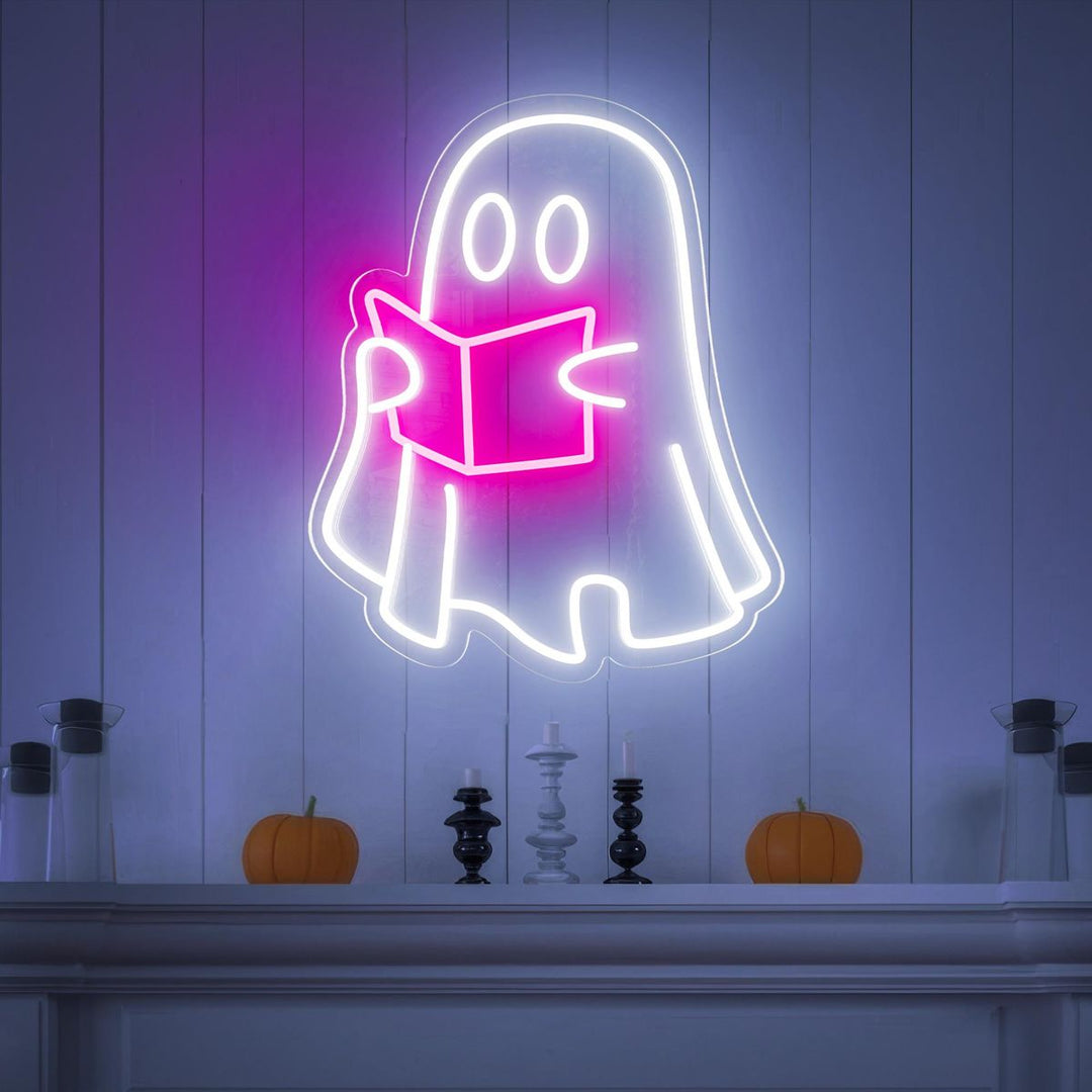 Glow Ghost Read Book Halloween LED Neon Sign by LEDNeons -  glowing wall art for spooky season décor.