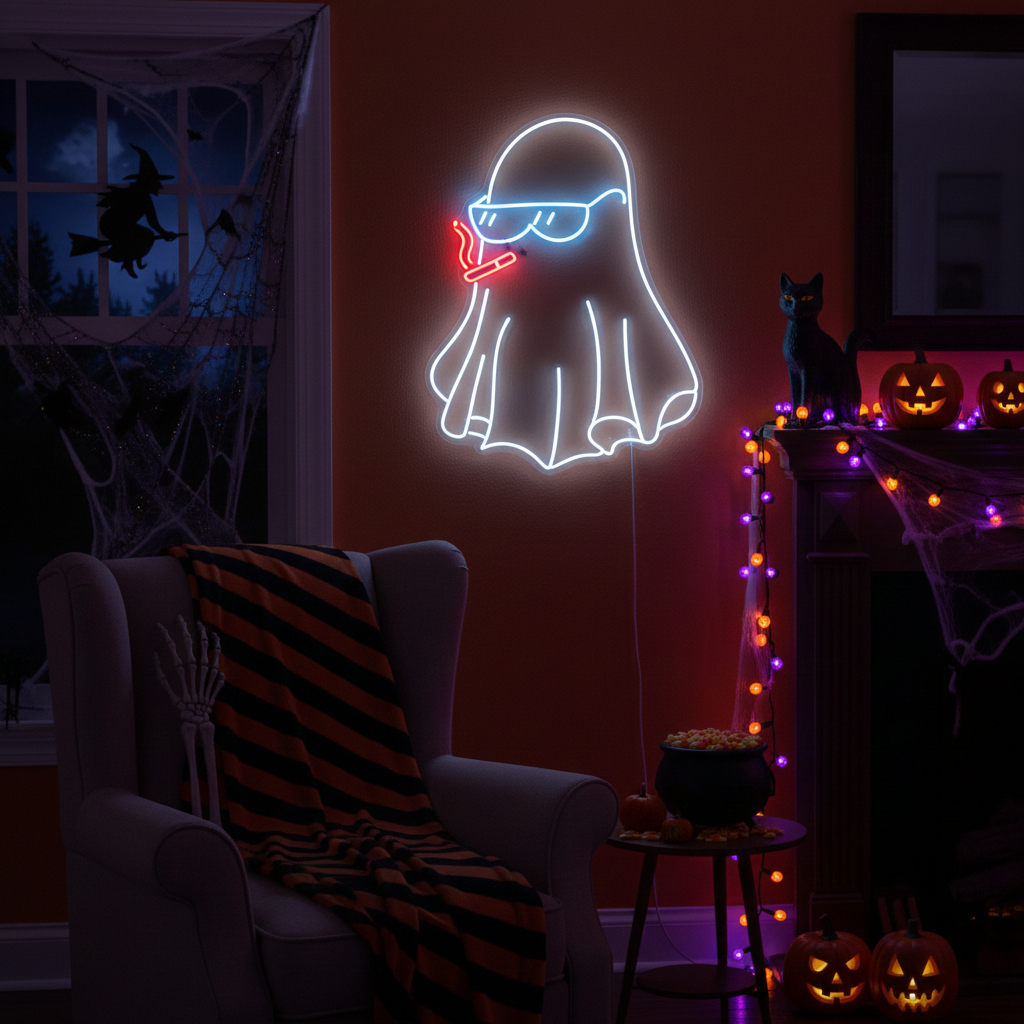 Glow Ghost Smoking Halloween LED Neon Sign by LEDNeons - Dark Theme