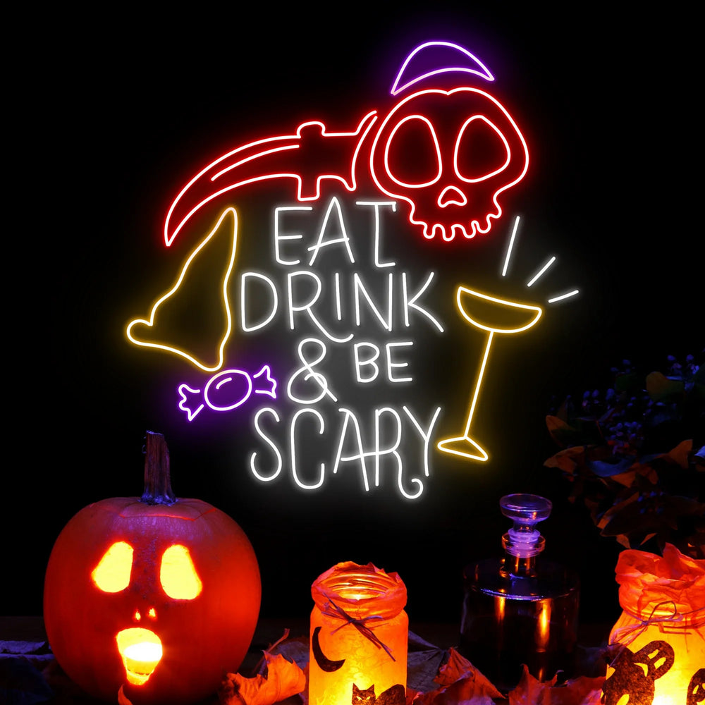 Glow Eat Drink & Be Scary Halloween LED Neon Sign by LEDNeons - Dark Theme