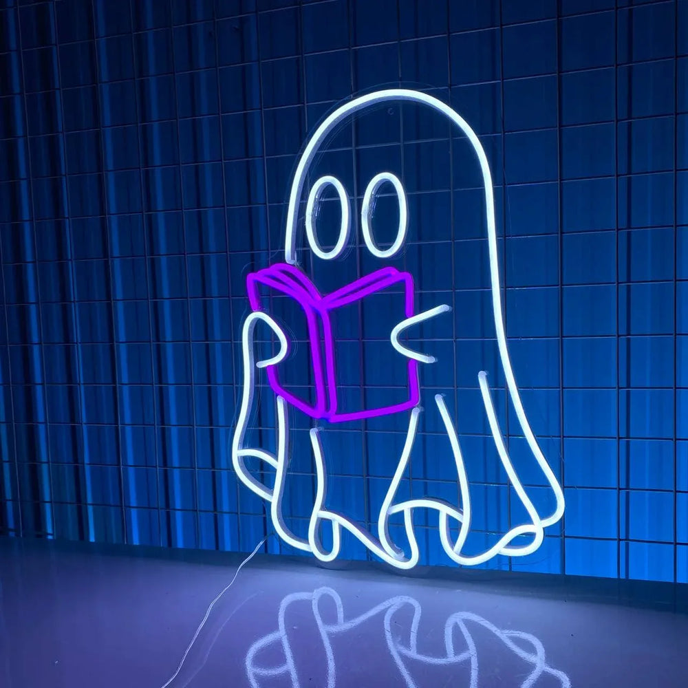 Glow Ghost Read Book Halloween LED Neon Sign by LEDNeons -  glowing wall art for spooky season décor.
