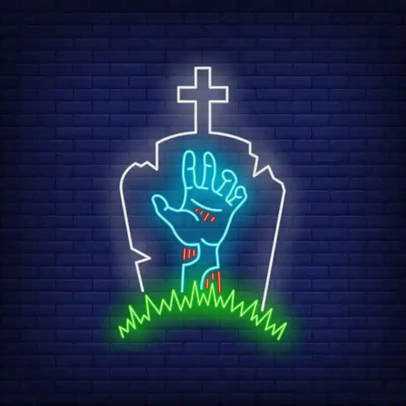 Gravestone Zombie Hand Halloween LED Neon Sign by LEDNeons - eerie light-up décor for haunted houses and Halloween parties.