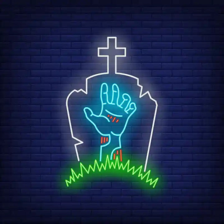 Gravestone Zombie Hand Halloween LED Neon Sign by LEDNeons - eerie light-up décor for haunted houses and Halloween parties.