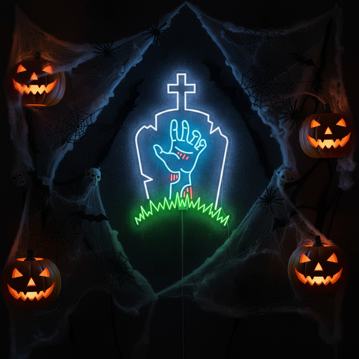 Gravestone Zombie Hand Halloween LED Neon Sign by LEDNeons - eerie light-up décor for haunted houses and Halloween parties.