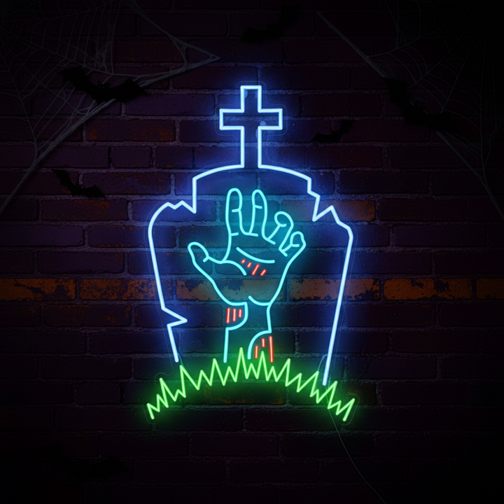 Gravestone Zombie Hand Halloween LED Neon Sign by LEDNeons - eerie light-up décor for haunted houses and Halloween parties.