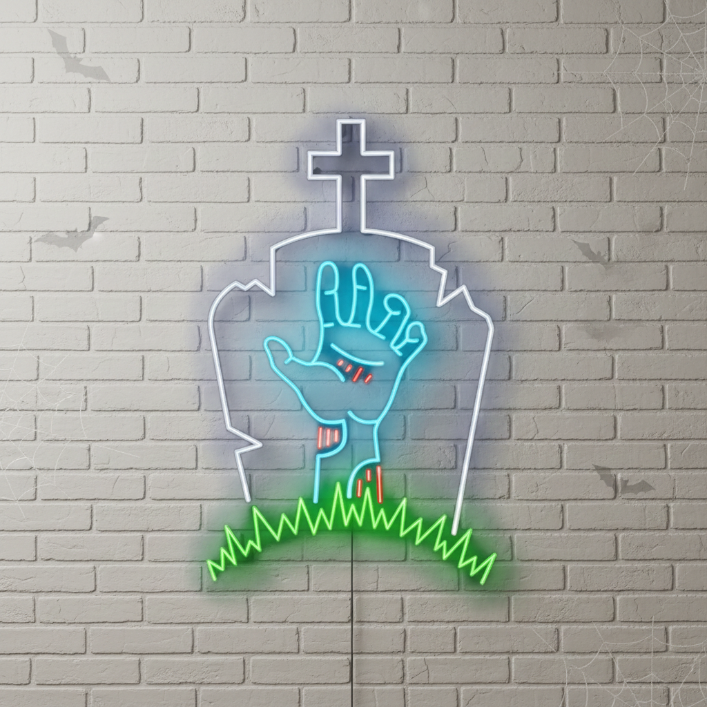 Gravestone Zombie Hand Halloween LED Neon Sign by LEDNeons - eerie light-up décor for haunted houses and Halloween parties.