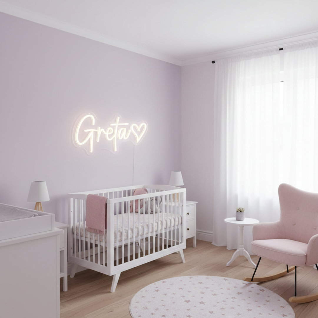 Greta Name LED Neon sign by LedNeons.com -  glowing on a wall, adding a personalized and stylish decorative element.