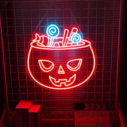 Candies Pumpkin Holiday Halloween LED Neon Sign by LEDNeons - playful light-up décor for Halloween celebrations.