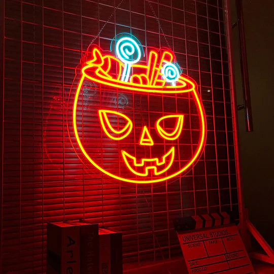 Candies Pumpkin Holiday Halloween LED Neon Sign by LEDNeons - playful light-up décor for Halloween celebrations.