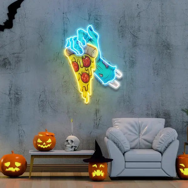 Hand Skull Pizza UV Light Neon Sign By LedNeons - on wall above the sofa and table