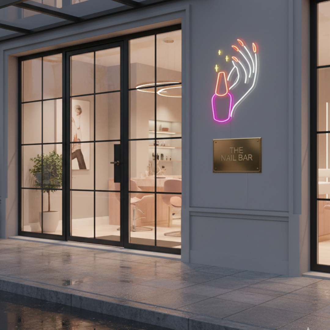 Hand Care UV Art LED Neon Sign in pink and white color by LEDNeons - Dark Theme