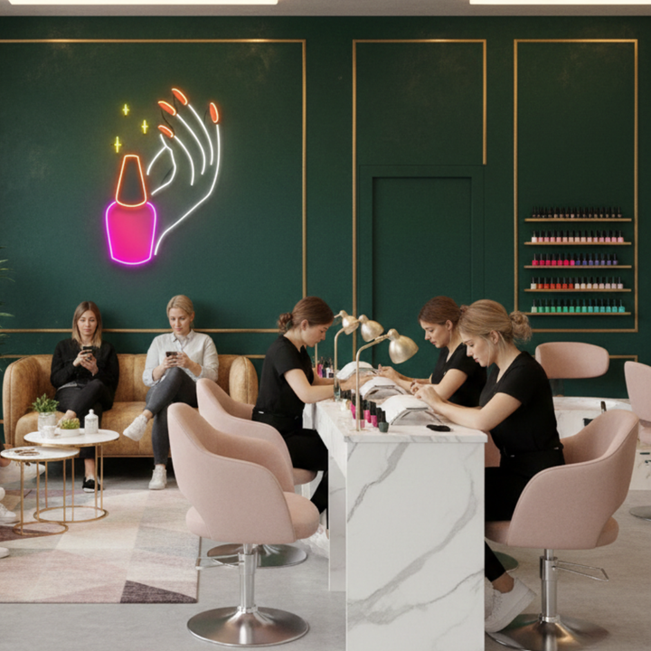 Hand Care UV Art LED Neon Sign in pink and white color by LEDNeons - Dark Theme