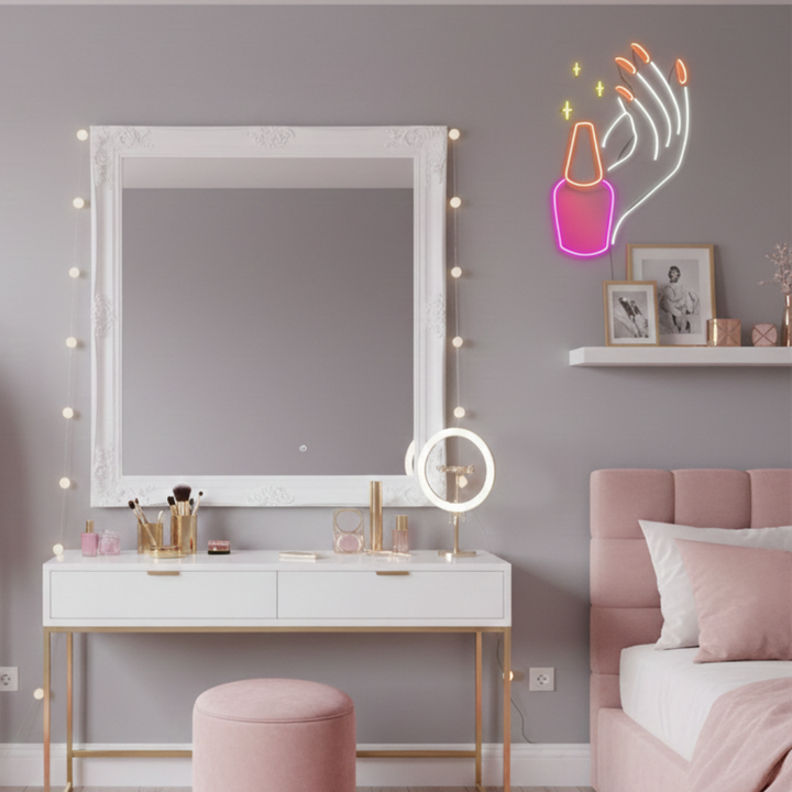 Hand Care UV Art LED Neon Sign in pink and white color by LEDNeons - Dark Theme