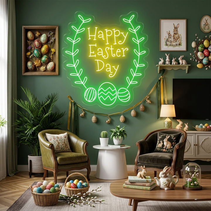 Happy Easter Day neon sign glowing on wall for festive décor by LEDNeons
