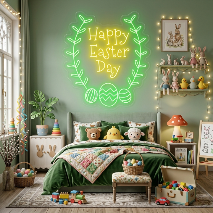 Happy Easter Day neon sign glowing on wall for festive décor by LEDNeons