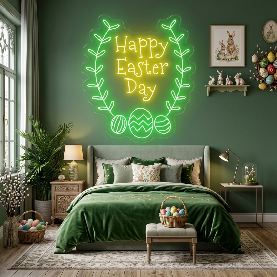 Happy Easter Day neon sign glowing on wall for festive décor by LEDNeons