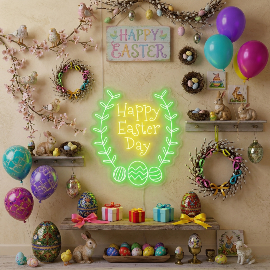 Happy Easter Day neon sign glowing on wall for festive décor by LEDNeons