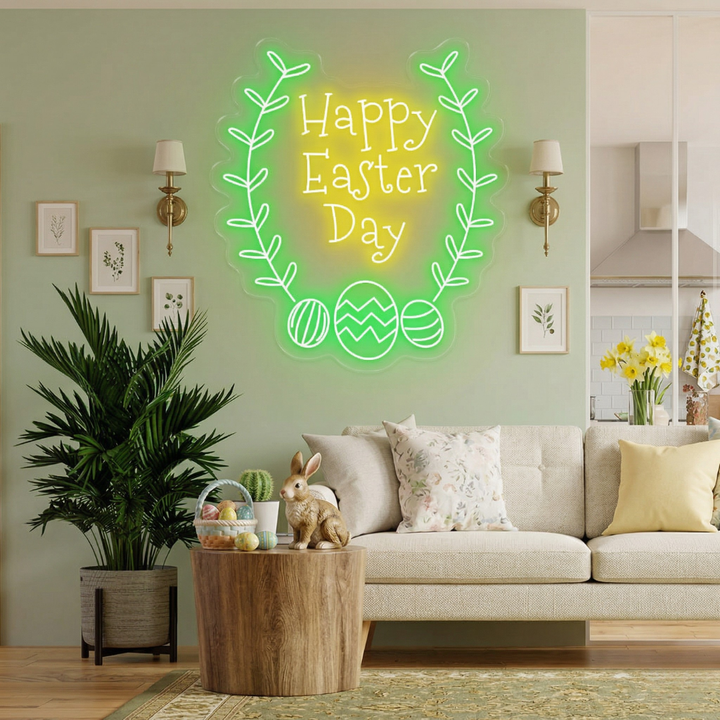 Happy Easter Day neon sign glowing on wall for festive décor by LEDNeons