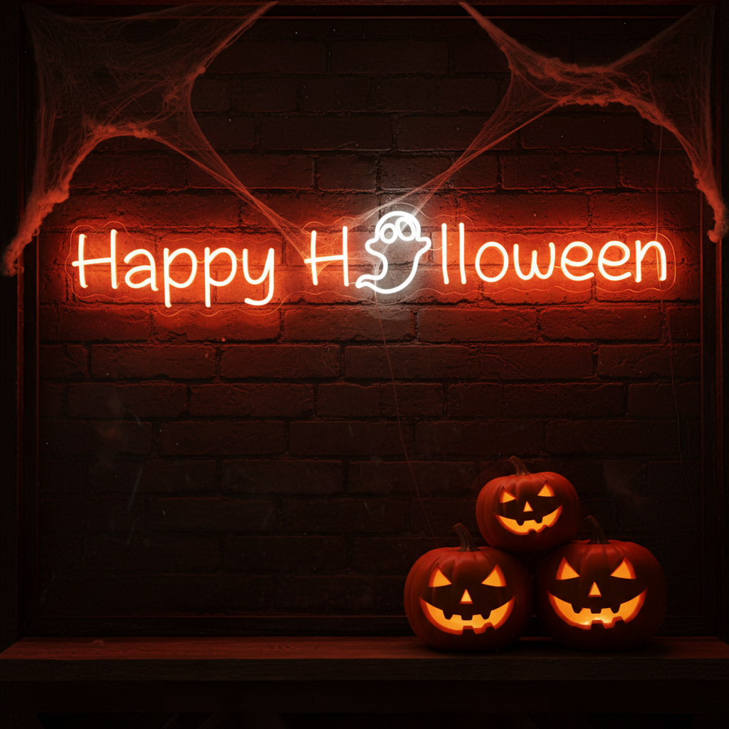 Happy Halloween Neon Sign by LEDNeons - for spooky Halloween-themed decorations like bats, pumpkins, or cobwebs.