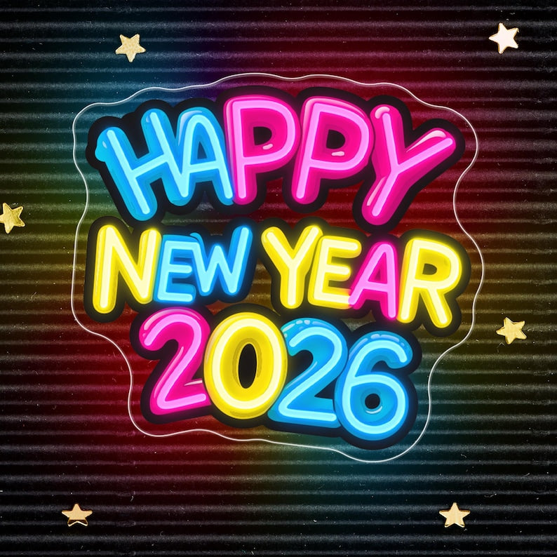 Happy New Year 2026 UV Art Neon Sign by LEDNeons – Festive LED and UV wall décor for New Year celebrations