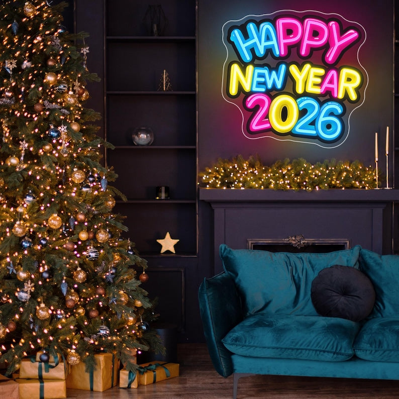 Happy New Year 2026 UV Art Neon Sign by LEDNeons – Festive LED and UV wall décor for New Year celebrations
