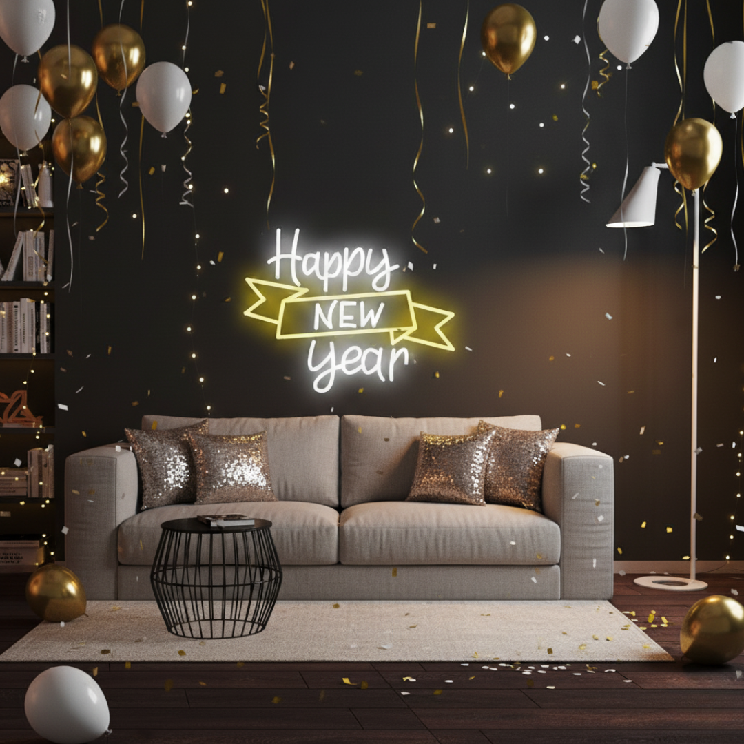 Happy New Year Banner Neon Sign by LEDNeons – Bright LED festive décor for New Year celebrations and parties