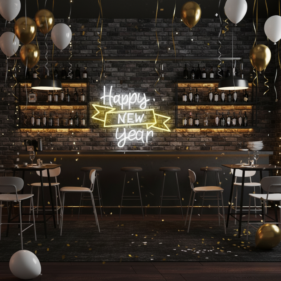 Happy New Year Banner Neon Sign by LEDNeons – Bright LED festive décor for New Year celebrations and parties