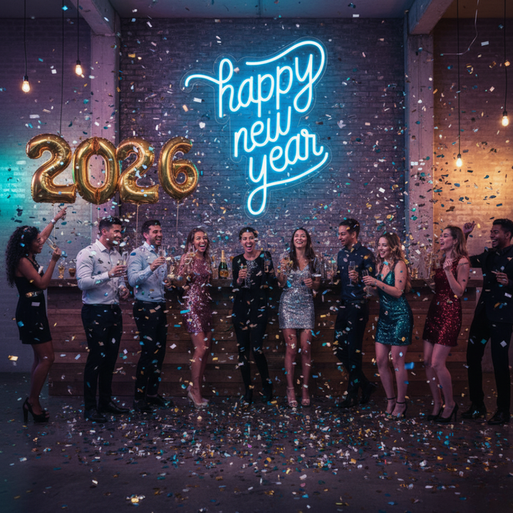 Happy New Year LED Neon Sign by LEDNeons glowing in bright festive colors, perfect for New Year parties and home décor.