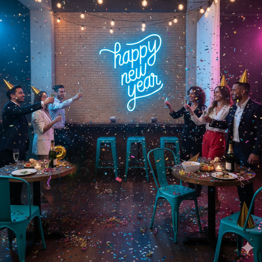 Happy New Year LED Neon Sign by LEDNeons glowing in bright festive colors, perfect for New Year parties and home décor.