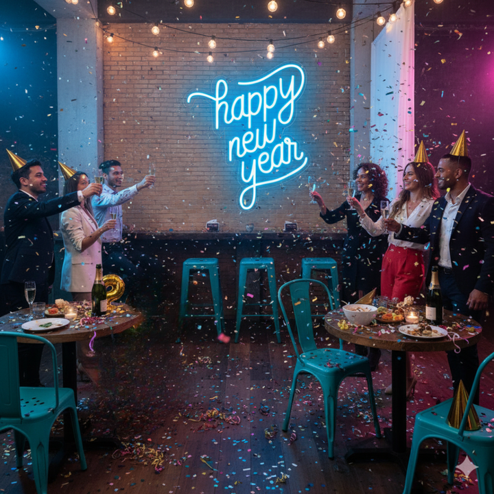 Happy New Year LED Neon Sign by LEDNeons glowing in bright festive colors, perfect for New Year parties and home décor.