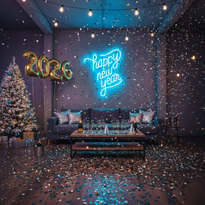 Happy New Year LED Neon Sign by LEDNeons glowing in bright festive colors, perfect for New Year parties and home décor.