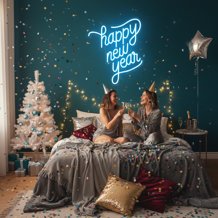 Happy New Year LED Neon Sign by LEDNeons glowing in bright festive colors, perfect for New Year parties and home décor.