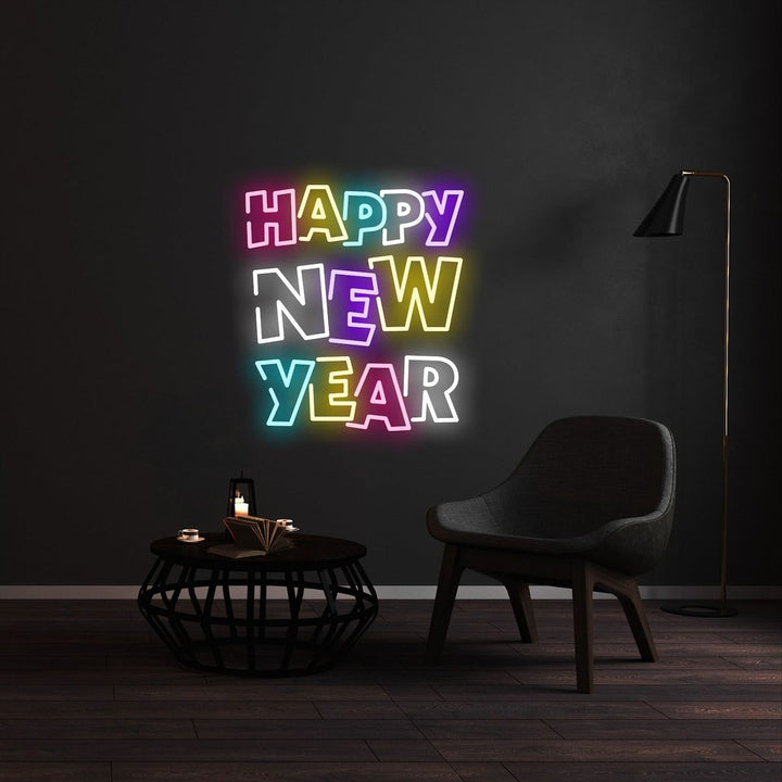 Happy New Year Multicolor LED Neon Sign glowing in vibrant festive colors – perfect New Year décor by LEDNeons
