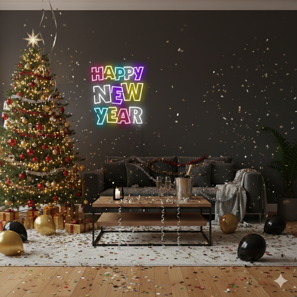 Happy New Year Multicolor LED Neon Sign glowing in vibrant festive colors – perfect New Year décor by LEDNeons