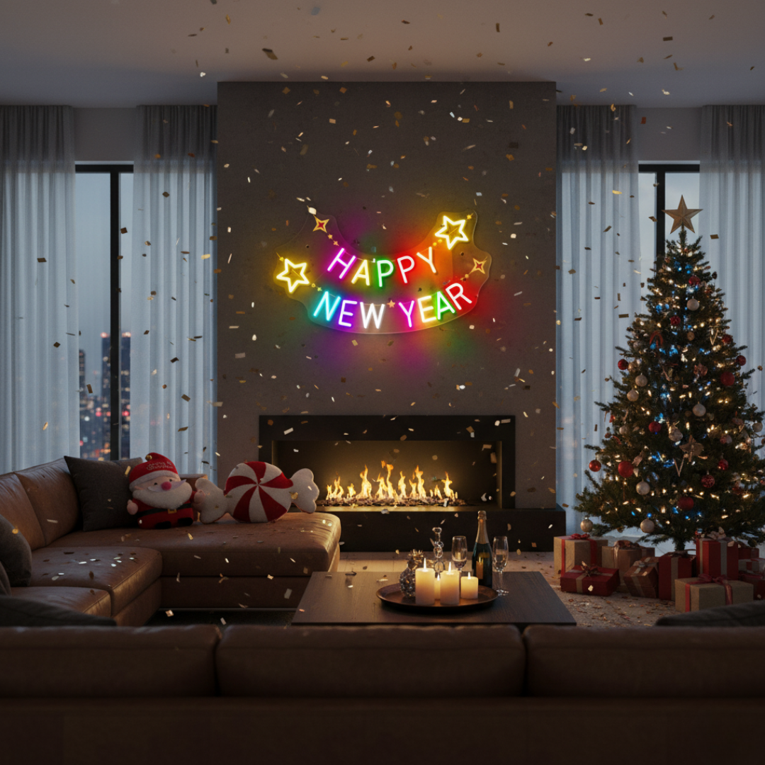 Happy New Year Neon Sign in Multi Color by LEDNeons – Vibrant festive LED wall décor for New Year celebrations