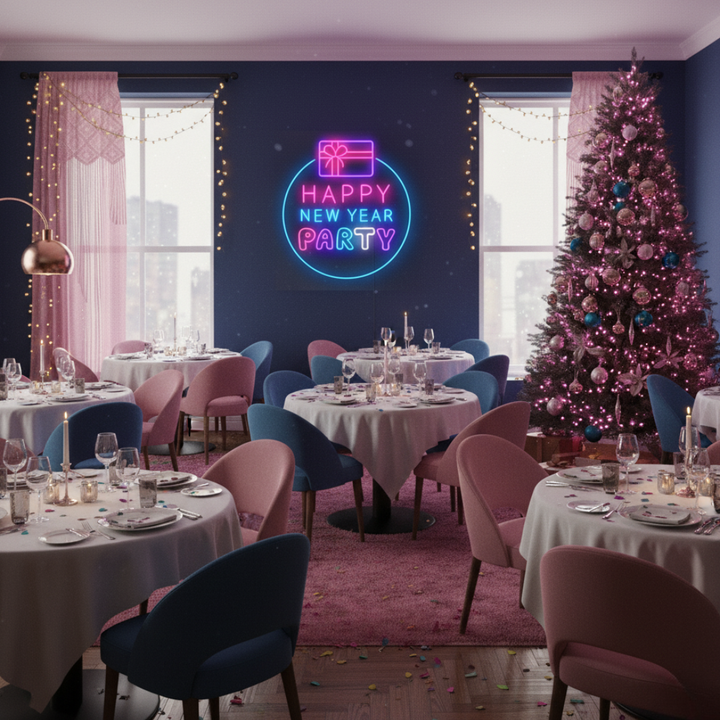Happy New Year Party Neon Sign by LEDNeons glowing in multicolor lights for festive home and event décor