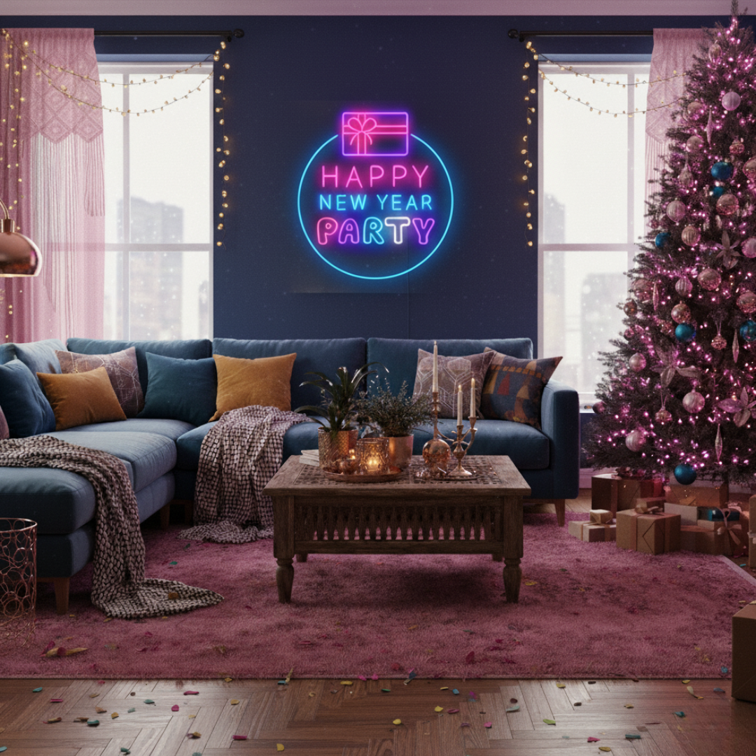 Happy New Year Party Neon Sign by LEDNeons glowing in multicolor lights for festive home and event décor