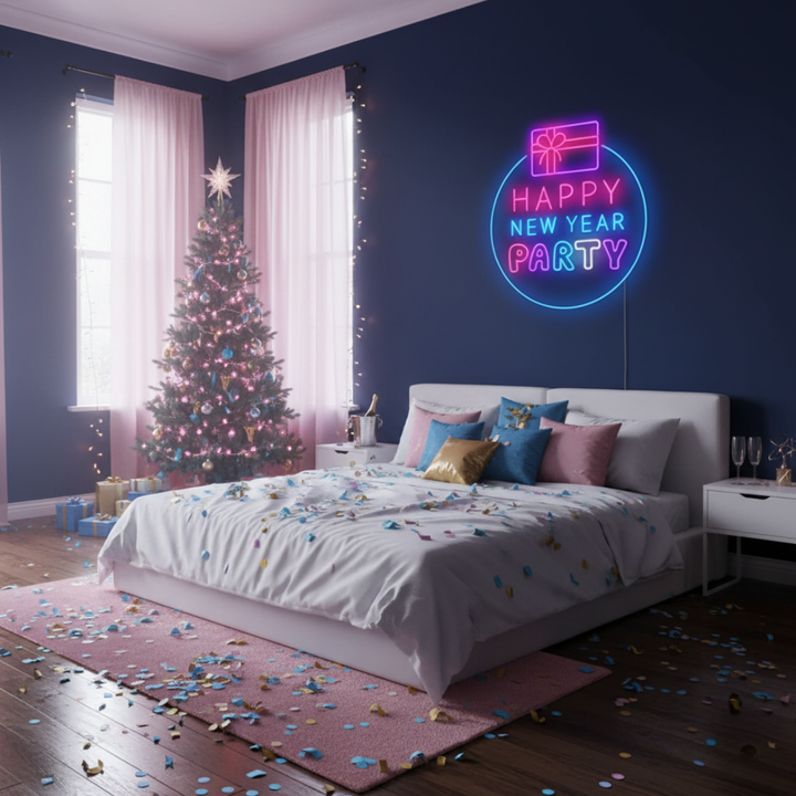 Happy New Year Party Neon Sign by LEDNeons glowing in multicolor lights for festive home and event décor