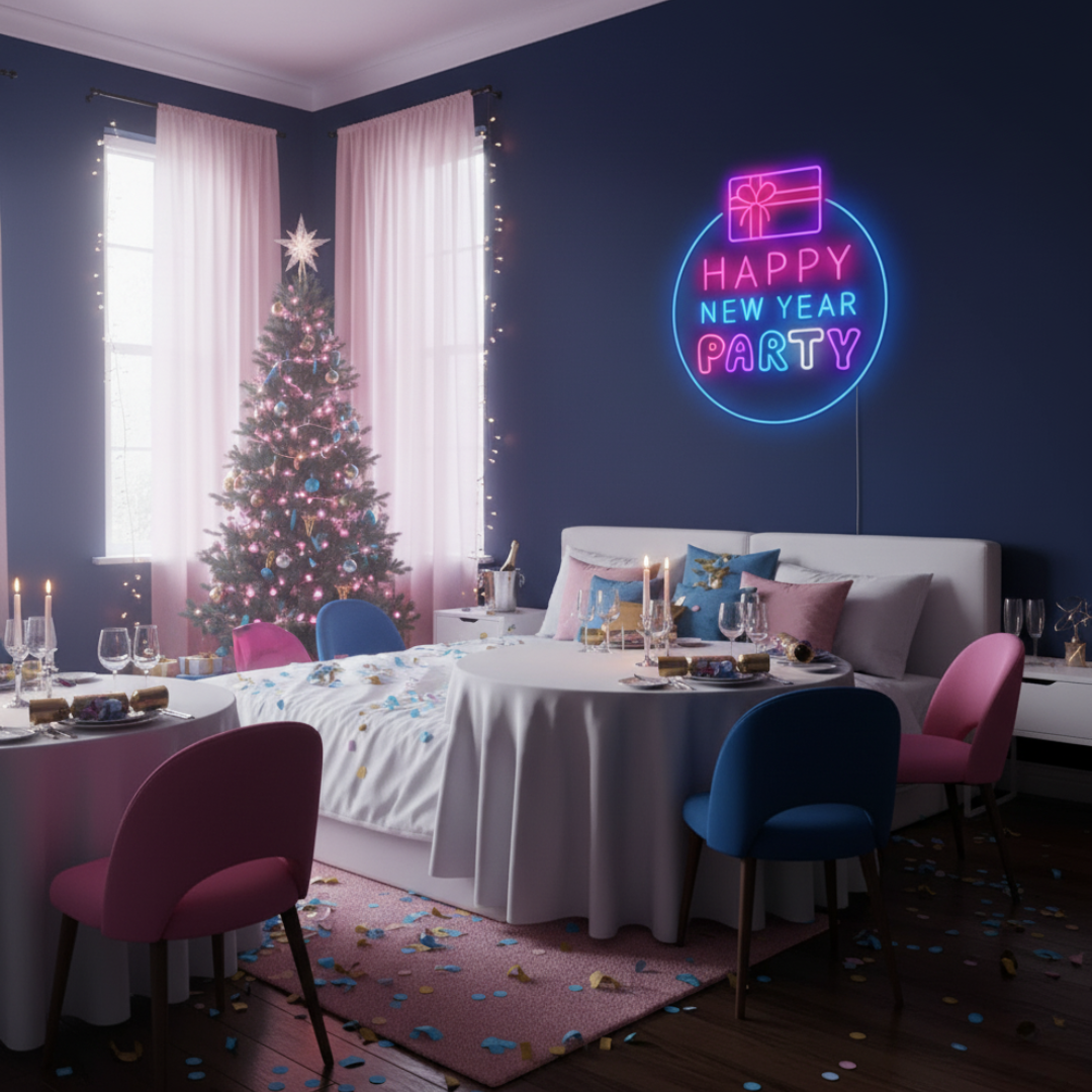 Happy New Year Party Neon Sign by LEDNeons glowing in multicolor lights for festive home and event décor