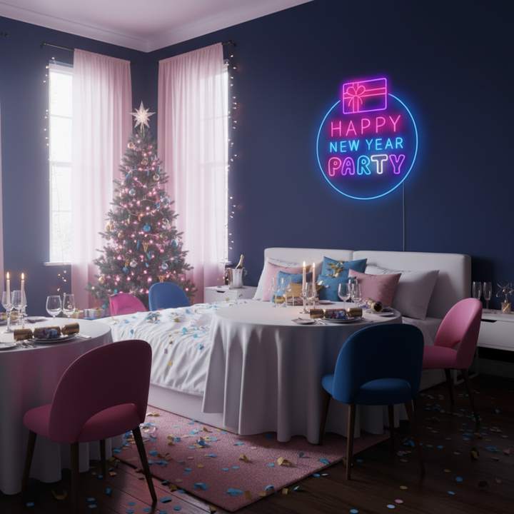 Happy New Year Party Neon Sign by LEDNeons glowing in multicolor lights for festive home and event décor