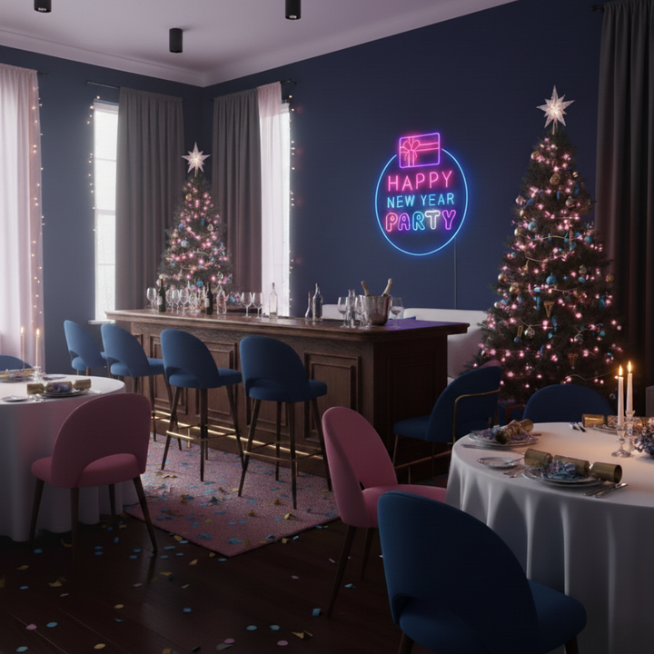 Happy New Year Party Neon Sign by LEDNeons glowing in multicolor lights for festive home and event décor