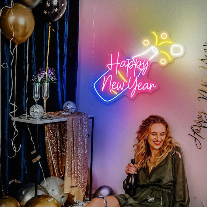 Happy New Year with Champagne LED Neon Sign by LEDNeons glowing in festive light, featuring a champagne glass design 