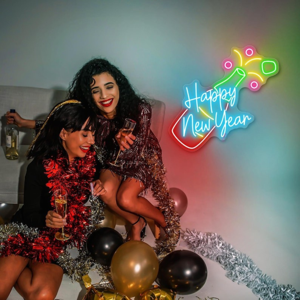 Happy New Year with Champagne LED Neon Sign by LEDNeons glowing in festive light, featuring a champagne glass design 