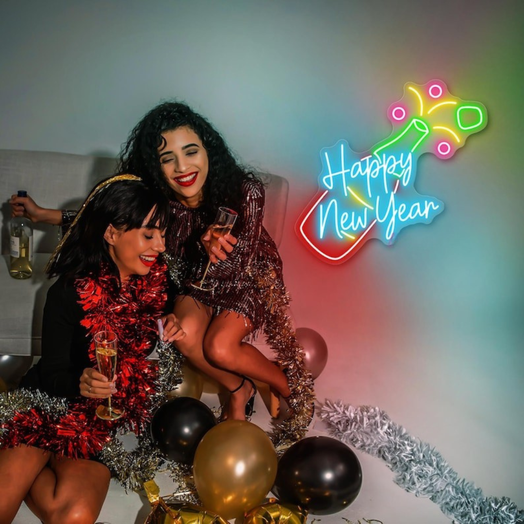Happy New Year with Champagne LED Neon Sign by LEDNeons glowing in festive light, featuring a champagne glass design 