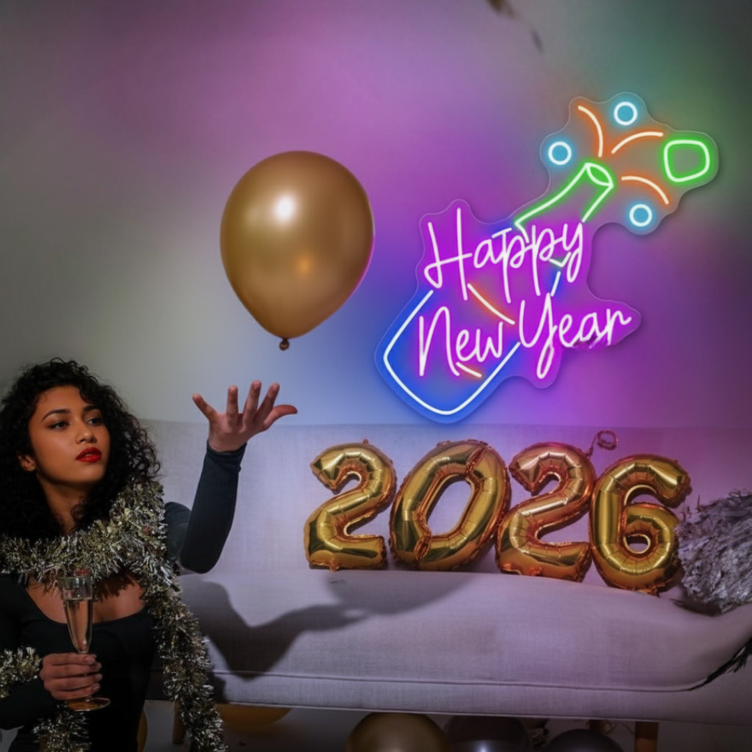 Happy New Year with Champagne LED Neon Sign by LEDNeons glowing in festive light, featuring a champagne glass design 