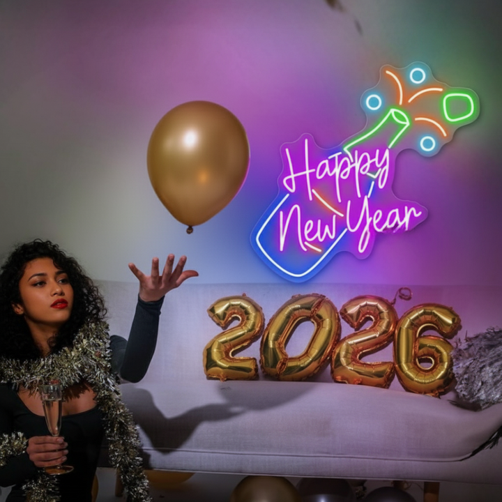 Happy New Year with Champagne LED Neon Sign by LEDNeons glowing in festive light, featuring a champagne glass design 